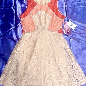 Elegant Lace Dress in Coral and Cream